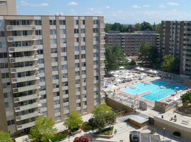 Aerial of the building and the pool.